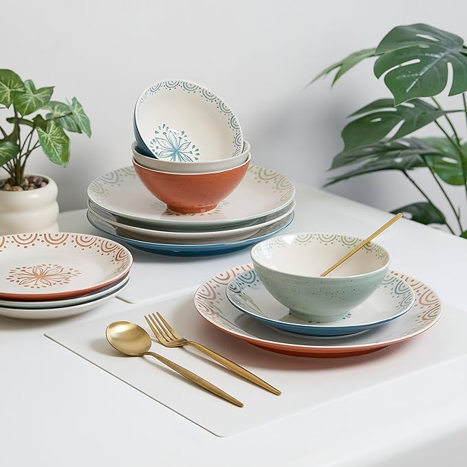 Sango 12-Piece Speckled Stoneware Dinnerware Set for 4- Glossy Plates and Bowls Set with Hand-Painted Floral Pattern Rustic Ceramic Dish Set Elegant Dishes for Everyday Dining Siterra Glazed Garden