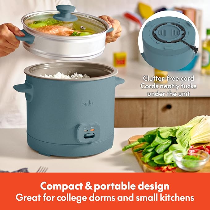 bella 16 Cup Rice Cooker with Steamer Dishwasher Safe Steaming Basket Rice Paddle and Measuring Cup Removable Nonstick Cooking Bowl Automatic Keep Warm Function 400 Watt Surf