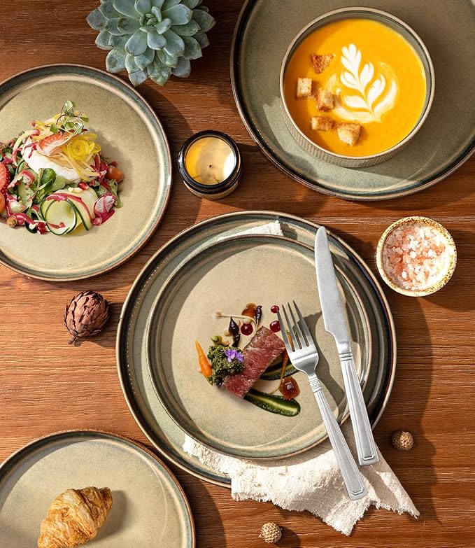 GBHOME Stoneware Dinnerware Sets for 4 12 Pieces Ceramic Ribbed Plates and Bowls Set Reactive Glaze Stackable Plate Sets Scratch Resistant Dishes Microwave &amp Dishwasher Safe Linen