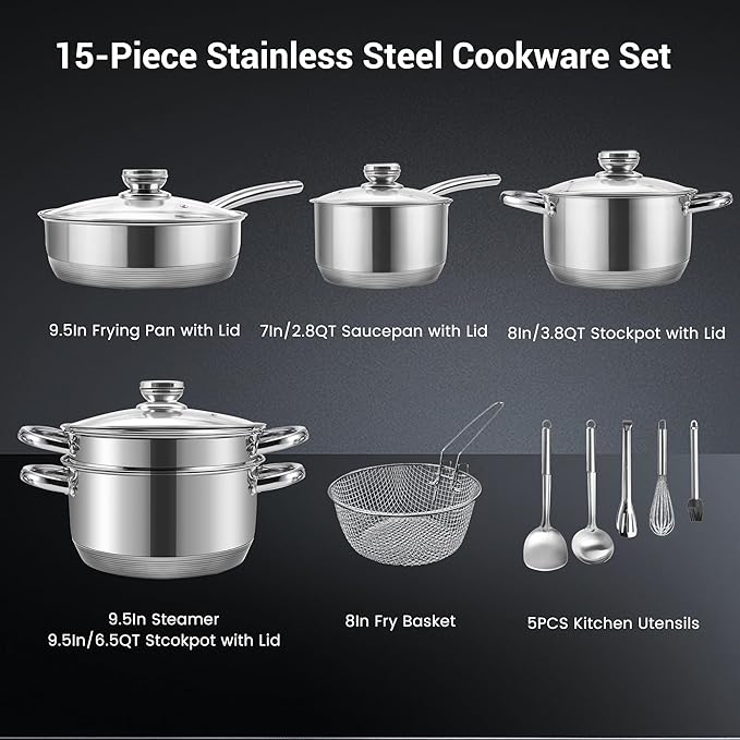 Stainless Steel Pots and Pans Set 15-Piece Induction Cookware Set Kitchen Cooking Pot and Pan Set Non Toxic Dishwasher ＆ Oven Safe Compatible with All Stovetops - Gas Electric Induction