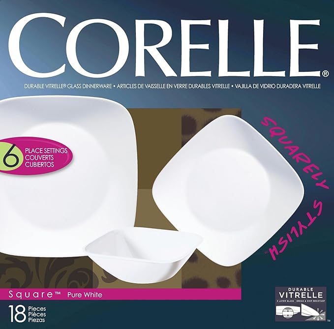 Corelle Square Pure White 18-Piece Dinnerware Set Service for 6