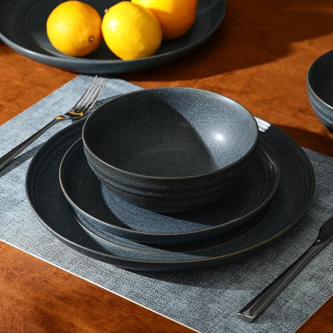Stone Lain Elio 12-Piece Dinnerware Set Stoneware Plates and Bowls Set Dish Set for 4 Blue