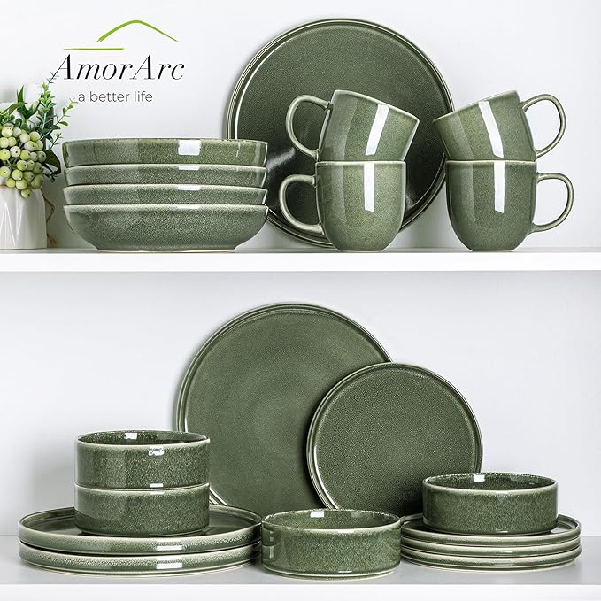 AmorArc Ceramic Dinnerware Sets Handmade Reactive Glaze Stoneware Plates and Bowls SetsHighly Chip and Crack Resistant | Dishwasher &amp Microwave Safe Dishes Set Service for 8 (24pc)