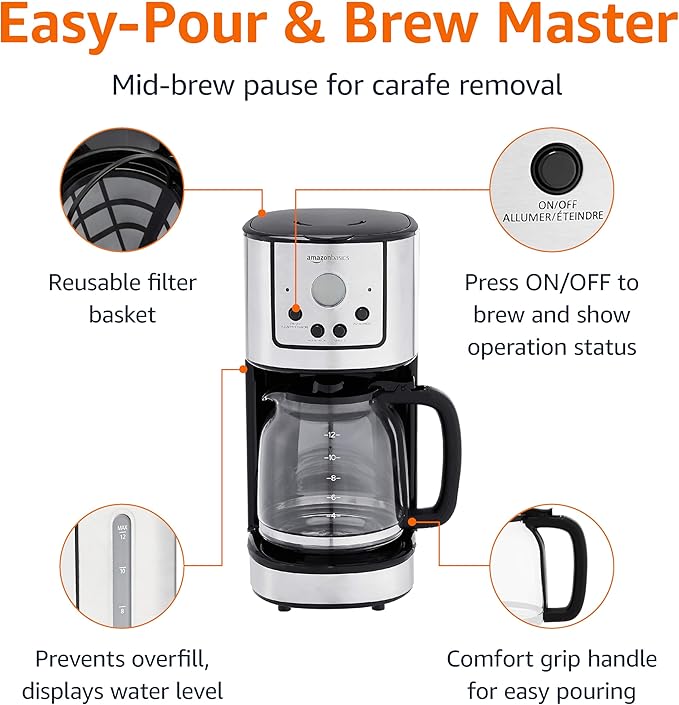 Amazon Basics Programmable Coffeemaker with Carafe and Reusable Filter Stainless Steel 12 Cups Black