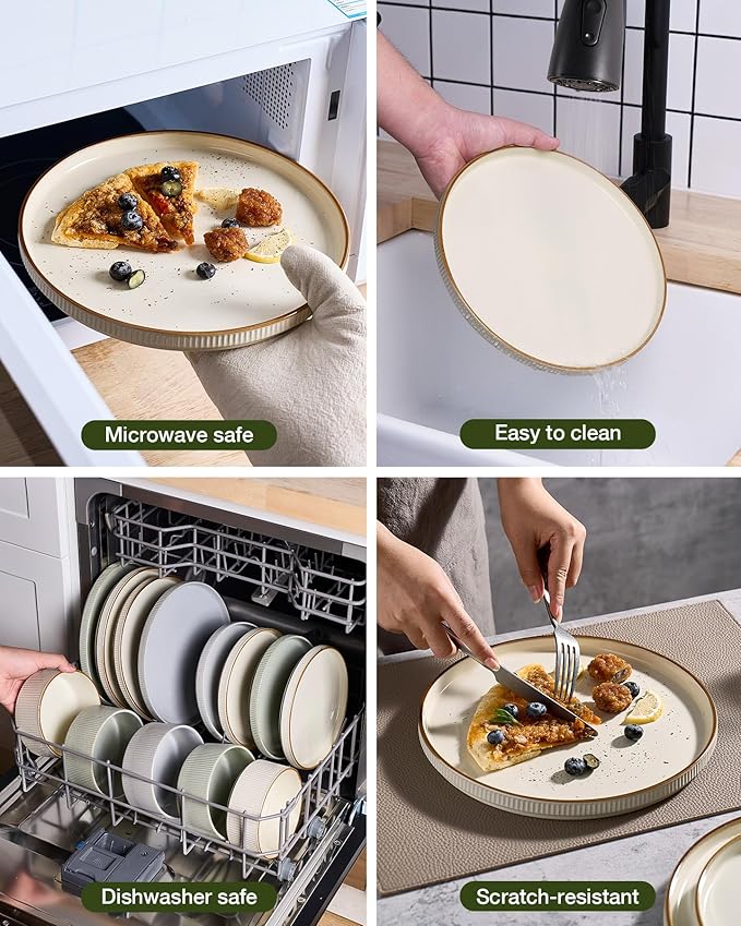 Famiware Star Dinnerware Set Plates and Bowls Sets for 4 (12pcs) Ribbed Stoneware Dishes with Trim - Chip &amp Scratch Resistant Microwave &amp Dishwasher Safe Cream