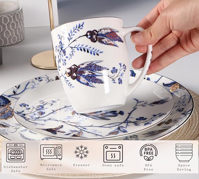 Bulgary Plates and Bowls Sets Dishes Set for 4 Ceramic Plates and Bowls Set Service for 4 Bone China Dinnerware Set Salad Dessert Plates and Cereal Bowls Set Microwave safe by KOKEN