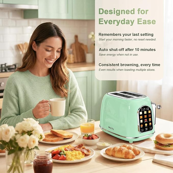 Mecity Toaster 2 Slice Touch Screen Wide Slot Retro Toaster For Breads Bagel Muffin Waffle House Warming Gift New Home 120V 825W Light Green