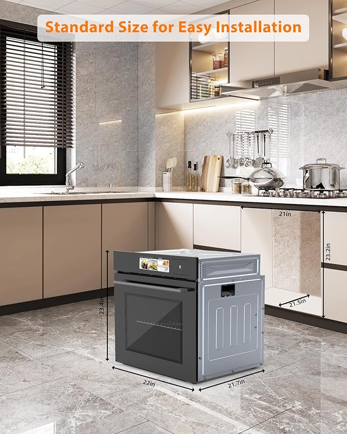 24 Built-in Electric Oven - Single Wall Convection Design 3000W 2.5Cu.ft Capacity 8 Cooking Modes Stainless Steel Colorful Touch Screen Transparent Viewing Window Black