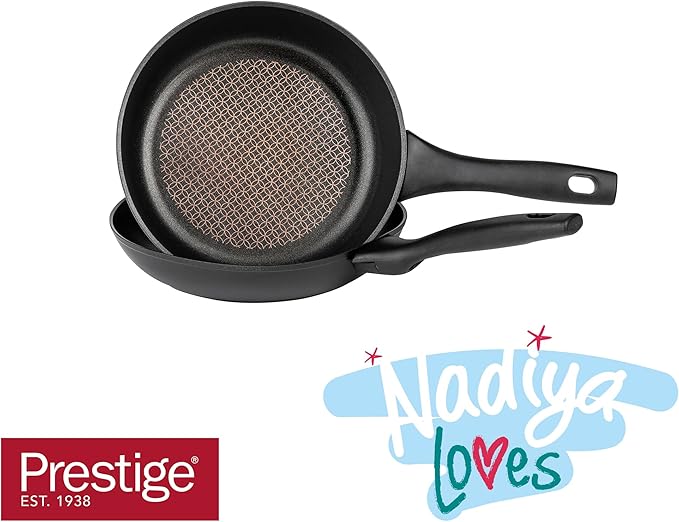 Prestige x Nadiya Non Stick Frying Pan Set of 2 with Universal Glass Lid &amp Stay Cool Handles - Stackable Induction Frying Pans 24cm &amp 26cm Oven and Dishwasher Safe Black