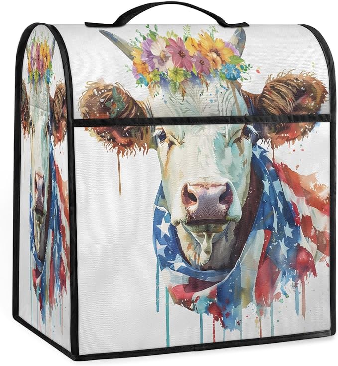 Kitchen Aid Mixer Cover Watercolor Cow American Flag Stand Mixer Cover Compatible with 6-8 Quarts Stand Mixers Dust Covers with Zipper Pocket Foldable Washable Kitchen Aid Organizer Bag
