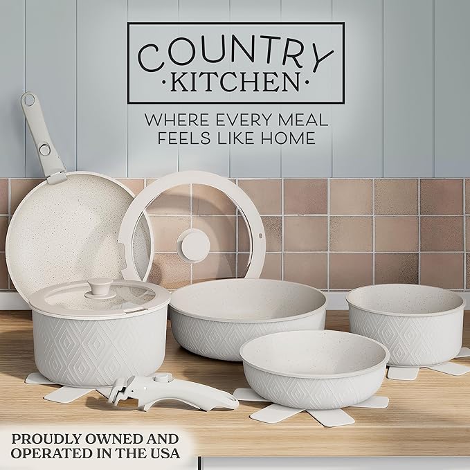 Country Kitchen Cookware Set with Removable Handle Oven &amp RV Safe Pots and Pans Set Cream Rhombus Original