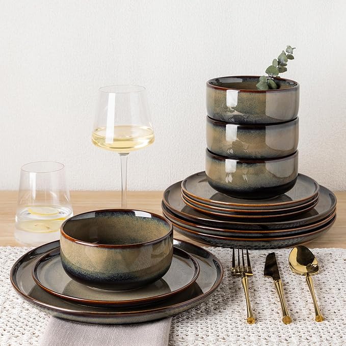 TheTerra Ceramic Dinnerware Sets for 4 12 Pieces Handmade Reactive Glaze Plates and Bowls Set Scratch Resistant Dish Set Oven &amp Microwave &amp Dishwasher Safe
