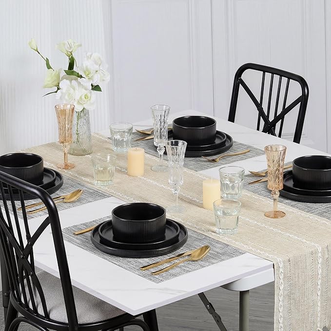 E-far 24-Piece Stoneware Dinnerware Sets Plates and Bowls Sets for 8 Kitchen Dinning Porcelain Ribbed Dishes Set Chip &amp Scratch Resistant Dishwasher &amp Microwave Safe Matte Black