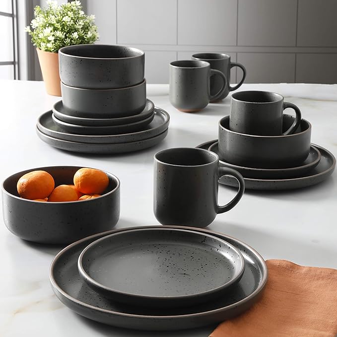 Gibson Tosca Terra Cotta Reactive Dinnerware Set 16 Piece Black Sand