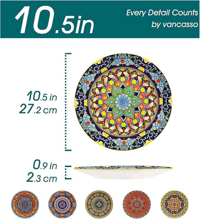 vancasso Colorful Dinner Plates Set of 6 10.5 Inch Ceramic Kitchen Plates for Dinner Bohemian Printed Dishes for Dining Microwave &amp Dishwasher Safe Plate Set Series KRVI