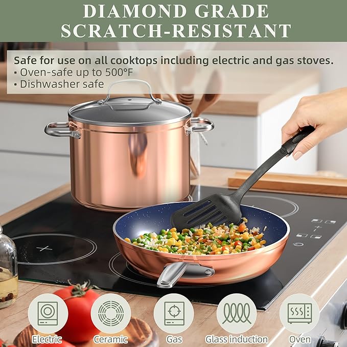 Nuwave 7pc Cookware Set Healthy Duralon Blue Ceramic Nonstick Coated Diamond Infused Scratch-Resistant PFAS Free Oven Safe Induction Ready &amp Evenly Heats Tempered Glass Lids &amp Stay-Cool H