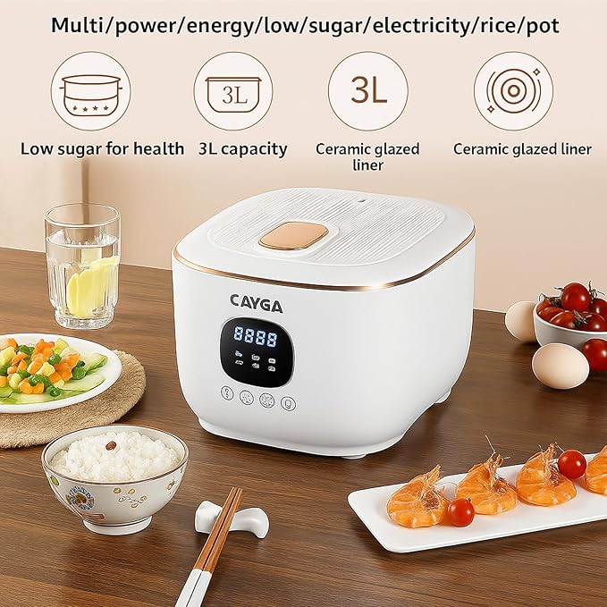 Electric Rice Cooker Low Sugar 3L – Smart Carb Reducing Rice Cooker with Steamer Basket Ceramic Inner Pot &amp Stainless Steel Filter Compact Pressure Cooker for Healthy Cooking 1-4 People
