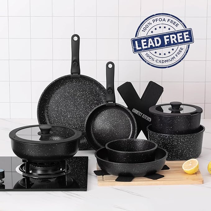 Country Kitchen Cookware Set with Removable Handle Oven &amp RV Safe Pots and Pans Set Black Deluxe Larger Set