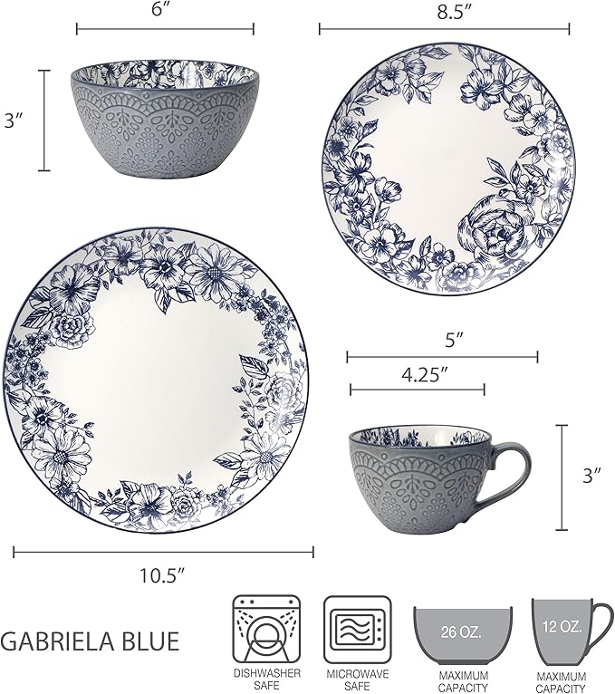 Pfaltzgraff Gabriela Blue 16-Piece Dinnerware Set Service for 4 Durable Stoneware Plates Bowls and Mugs with Elegant Blue Pattern Dishwasher Safe