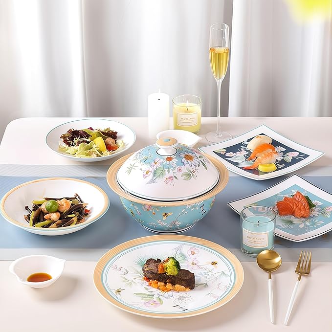 Fine Bone China Dinnerware SetPorcelain&ampCeramic Dinnerware SetsBone Stoneware&ampCeramic Cookware Tableware Set Includes Dinner Plates|Spoons|Pasta Bowls|Soup Pot|Chopsticks (32PCS * 6-Person S