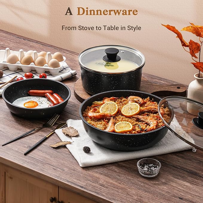 15Pcs Pots and Pans Set Non Stick Cookware Sets with Detachable Handle Nonstick RV Kitchen Cooking Tools Removable Handles Oven Safe Induction Fast Stackable Induction CookwareBlack