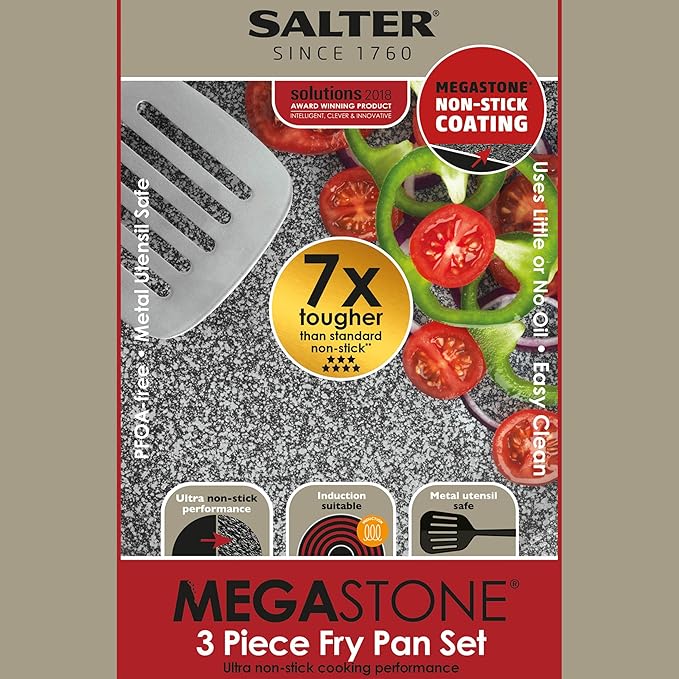Salter COMBO-8207A Megastone Non-Stick Frying Pan Set 3 Piece Pan Set 20/24/28 cm Forged Aluminium Cookware Dishwasher &amp Metal Utensil Safe Use Little or No Oil for Healthier Meals PFOA-Free
