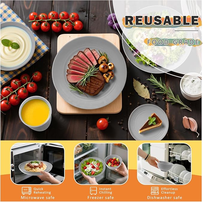 Wheat Straw Dinnerware Sets Plates and Bowls Sets 32 PCS Dinnerware Sets Service for 8 Unbreakable Reusable Plates Set Outdoor Kitchen and Apartment Dinning Essentials - Gray