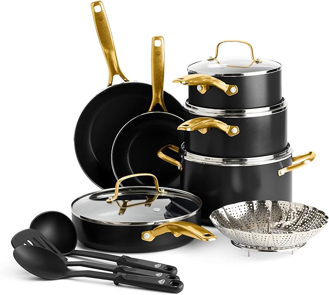 Blue Diamond 14 Piece Induction Nonstick Cookware Set Diamond Infused PFAS-Free Ceramic Nonstick Pots &amp Pans Durable Metal Utensil Safe Dishwasher Safe Oven &amp Broiler to 600F Black/Gold