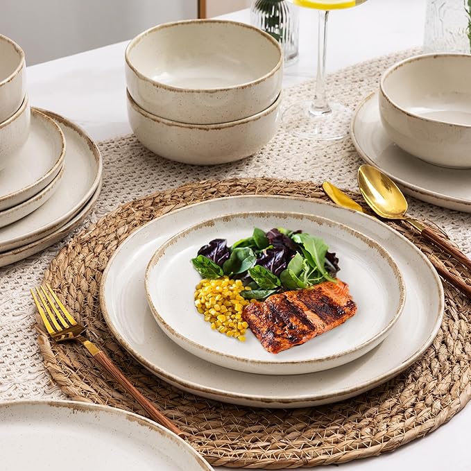 AmorArc Ceramic Dinnerware Sets Wavy Rim Stoneware Plates and Bowls Sets Highly Scratch Resistant | Dishwasher &amp Microwave Dishes set Service for 4 (12pc)-Speckled Cappuccino)