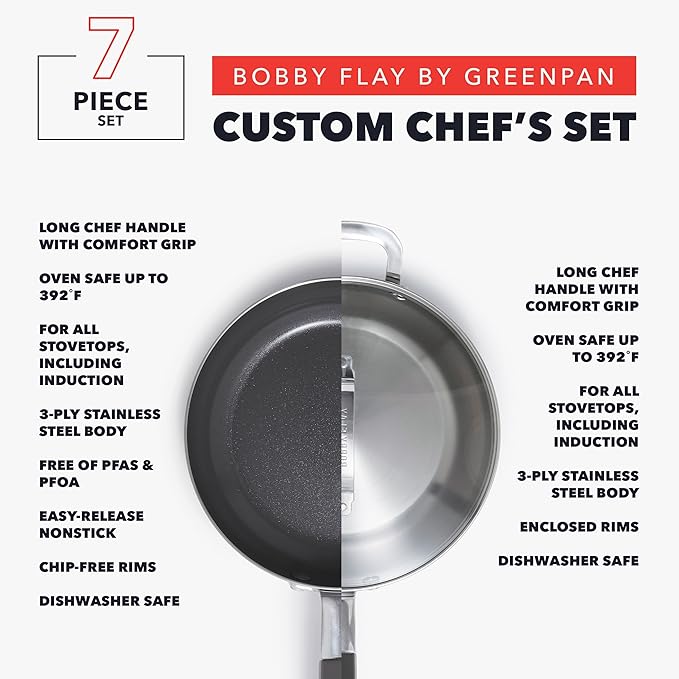 GreenPan x Bobby Flay Stainless Steel 3.75QT Saucepan with Glass Lid 8” and 10” Frying Pan Skillet Set and 3-Piece Knife Set Professional Grade Tri-Ply Stainless Steel Blades Induction Suitable