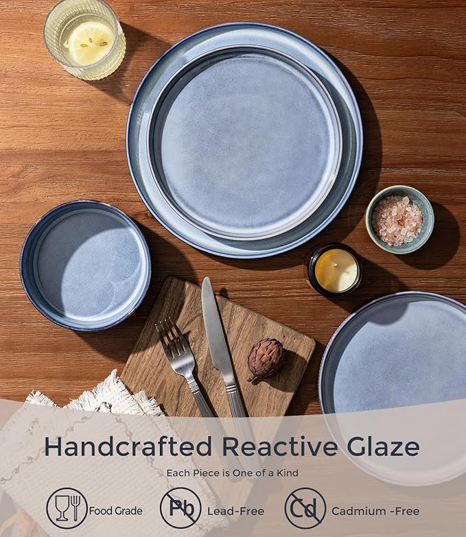 GBHOME 12-Piece Stoneware Dinnerware Set for 4 – Ribbed Ceramic Plates and Bowls Scratch-Resistant Microwave &amp Dishwasher Safe Reactive Glaze Deep Tidal Blue