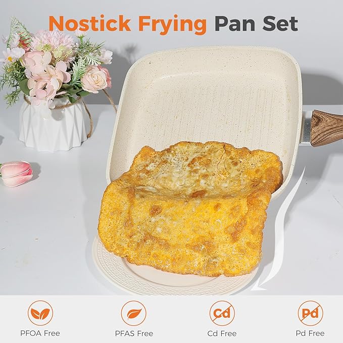 NEWBULIG 3-Piece Nonstick Grill Pan Set Square Griddle Pans with Wooden Handle Compatible with All Stovetops Ideal for Steak BBQ &amp Vegetables (9.5 10.2 11) Cream White
