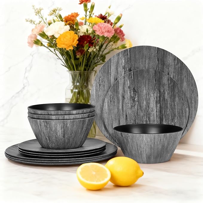 Melamine Dinnerware Set – Rustic 12 Piece Plates and Bowls Heavy Duty Dishes for Indoor Outdoor Use Break-Resistant Dishwasher SafeBlack Wood Grain