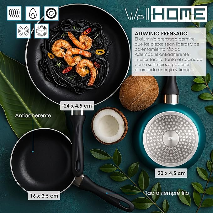 Cookware Set 5 Pieces Stainless Steel + 3-Piece Pan Set Diameter 16 x 20 x 24 cm Pressed Aluminium Metallic Blue