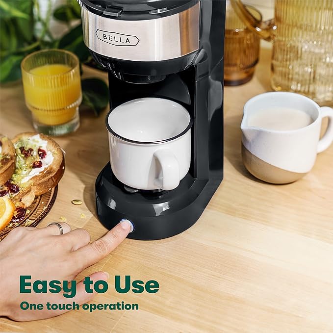 BELLA Dual Brew Single Serve Coffee Maker Brews both Kcup and Ground Coffee Large 14oz Capacity Easy One Touch Auto Shutoff Black