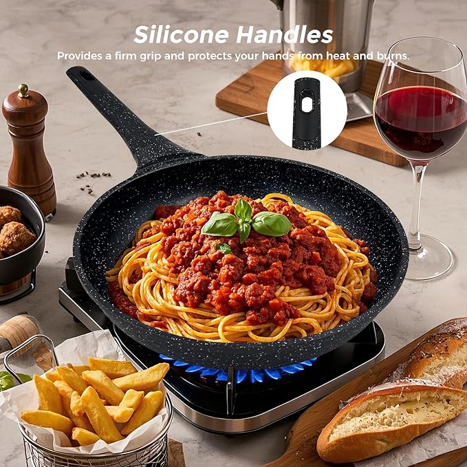 16Pcs Pots and Pans Sets Nonstick Cookware Set Kitchen Cooking Set Fry Pans Saute Pan/Gasserole/Saucepan with Lid Utensils Dishwasher Safe Black (PTFE/PFOA/PFAS/LEAD/CADMIUM Free)
