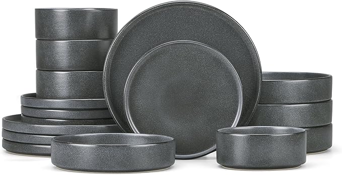Herogo 16 Piece Plates and Bowls Set Ceramic Dinnerware Sets with Pasta Bowls Kitchen Dinner Ware Dishes Service for 4 Chip &amp Scratch Resistant Dishware Dark Gray