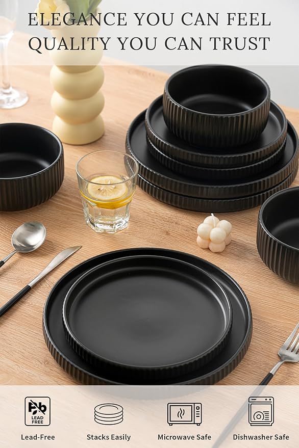 Dinnerware Sets for 4Microwave Safe Plates and Bowls Sets12 Piece Dylan Dish SetReactive Glaze Stoneware Dinnerware Set (Matte Reactive Dark Night Service for 4 (12pcs))