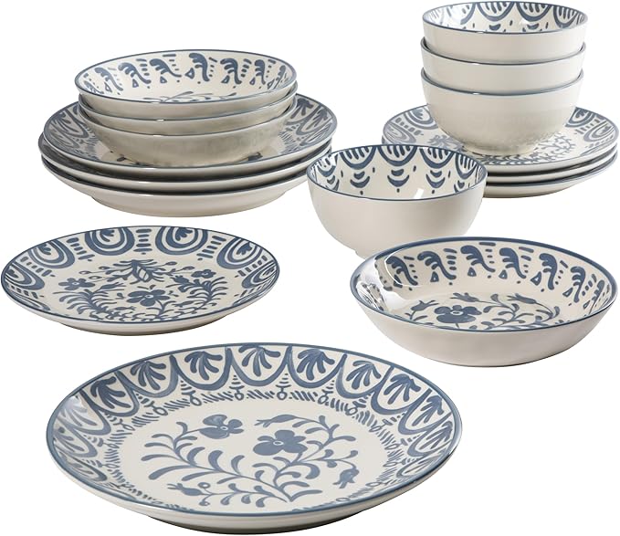 Bloomhouse - 2-Time Oprah’s Favorite Things - Valencia Flor 16 Piece Dinnerware Set Artisanal Decorated Stoneware Plates &amp Bowls Service for 4 Microwave &amp Dishwasher Safe Iris Blue