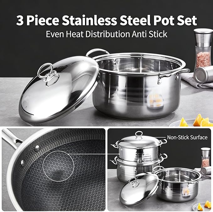 Stainless Steel Pot Kitchen Cookware Set 3 Piece Even Heat Distribution Pots with Lids Anti Stick Surface - Durable Construction Versatile Use for Home and Restaurant