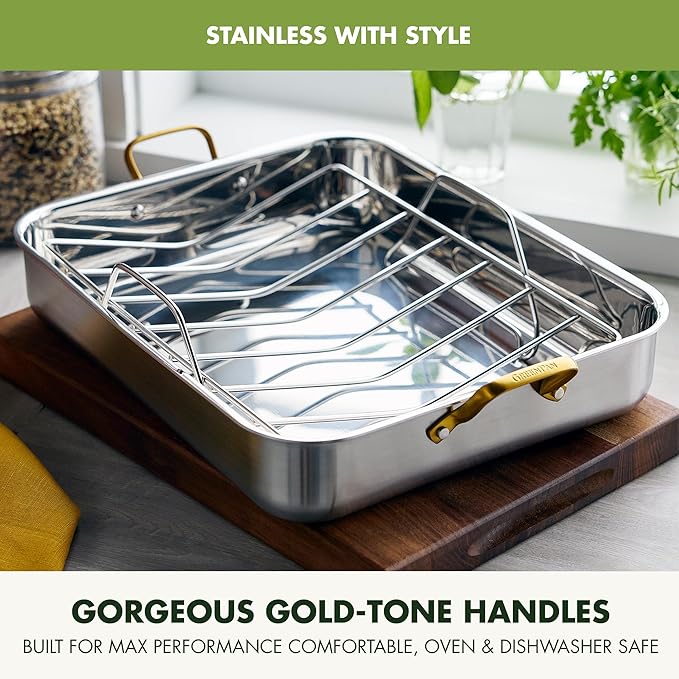 GreenPan Reserve 16 x 13 Tri-Ply Stainless Steel Roasting Pan with Roaster Rack Multiclad Cookware Induction Suitable Gold Stainless Steel Handles Dishwasher &amp Oven Safe Silver