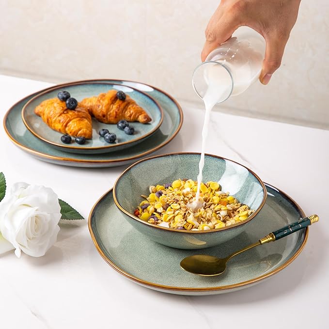 AmorArc Ceramic Dinnerware SetsHandmade Reactive Glaze Stoneware Plates and Bowls SetsHighly Scratch Resistant | Dishwasher &amp Microwave Safe Dishes SetService for 4 (16pc)