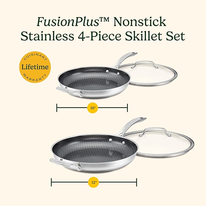 Cuisinart FusionPlus Hybrid Nonstick Stainless Steel Cookware Set 4-Piece Skillet Cooking Set with PFAS-Free PURELYSEAR Ceramic Non Stick Technology Scratch Proof Cool Grip Handles Dishwasher Safe