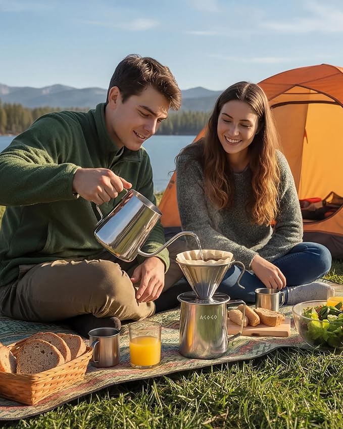 AGOGO Portable Pour Over Coffee Maker V60 Set - Easy Cleaning Compact 304 Stainless Steel Dripper for Camping &amp 50 Filters Paper &amp Barista Towel-Silvery-20oz/600ml