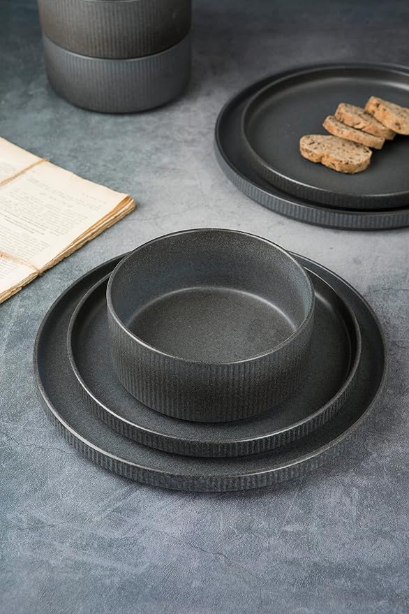 Famiware Dinnerware Set for 4 (12 Piece) and Coffee Mug Set for 6 (12 oz) - Matte Dark Charcoal