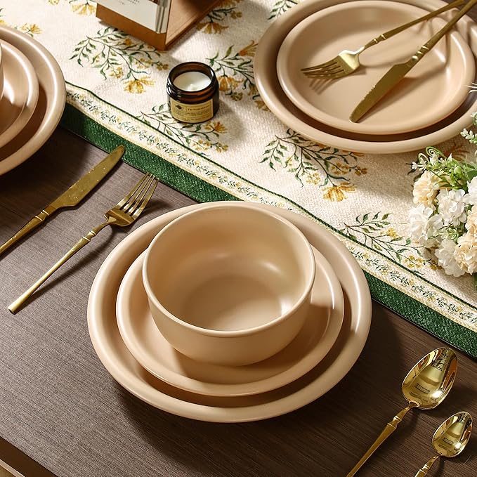 GZG Vintage Series - Ceramic Dinnerware Set for 4 12 Pieces Stoneware Plates and Bowls Set Lead-Free Handcrafted Dishes Set Microwave &amp Dishwasher Safe - Warm Apricot