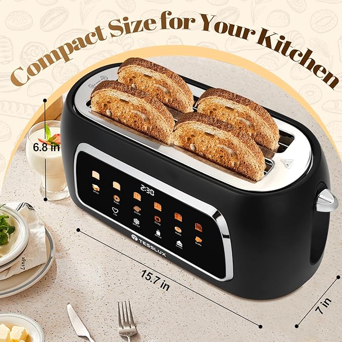 4 Slice Toaster with Touch Screen Control 1.5 Wide Long Slots 6 Browning Levels &amp 6 Bread Types Digital Timer Memory Defrost Reheat (BLACK)
