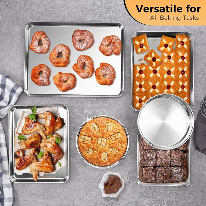 E-far 10-Piece Stainless Steel Cookware Set and Stainless Steel Baking Pan Set Bundle Induction Pots and Pans Set with Tri-Ply Base 6-Piece Metal Bakeware Sets Include Cookie Sheet Dishwasher Safe