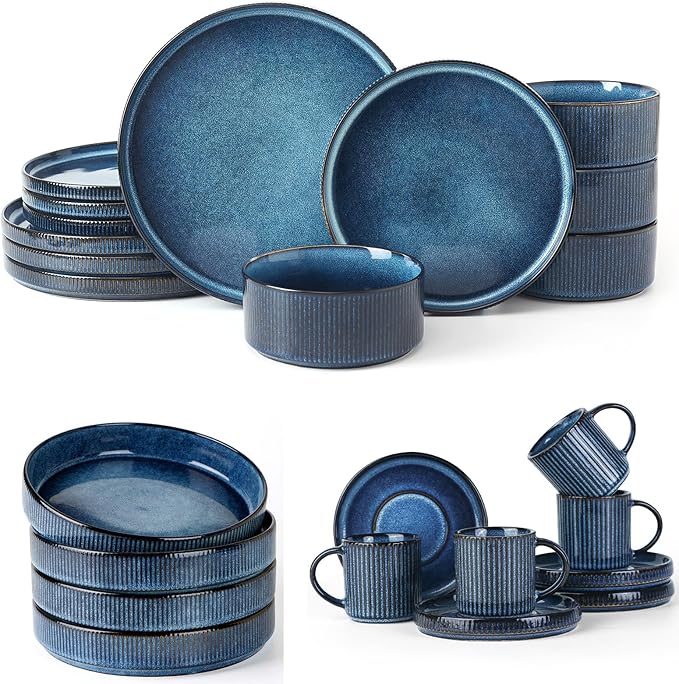 Famiware Star Dinnerware Set and Pasta Bowls with Coffee Mugs Set Service for 4 (20 Pieces) - Stoneware Dinnerware Dishes Nebulas Blue