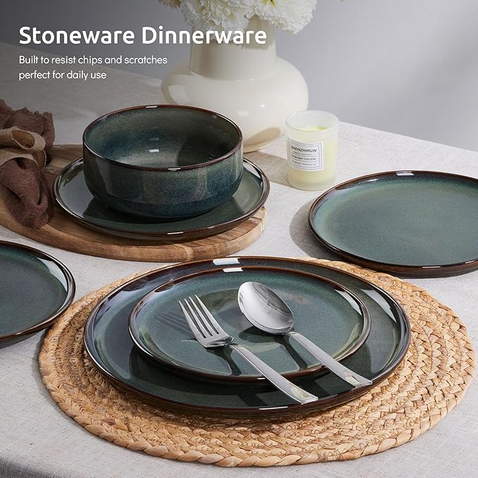 E-far 6-Piece Plates and Bowls Set Stoneware Dinnerware Sets for 2 Ceramic Dishes Reactive Glaze Dinning Ware Microwave &amp Dishwasher Safe - Obsidian Green